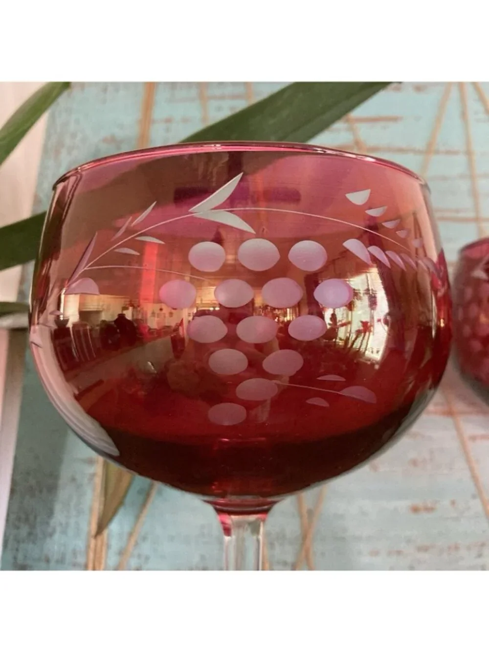 Cranberry Glass Cut To Clear Etched Grapes Balloon Wine Glasses 7.5” Set of 2